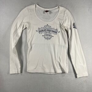 Harley Davidson Womens White Long Sleeve Graphic Tee Shirt Athens Ohio Size S